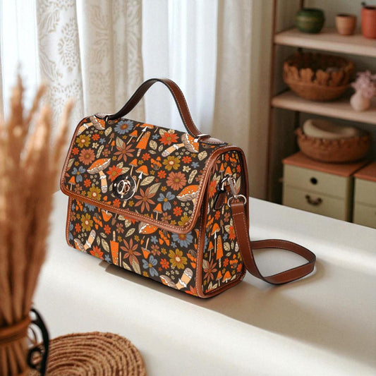 Retro Mushroom Print, Warm Floral Pattern Bag, Autumn Cottagecore Purse, 70s Inspired Crossbody, Forest Witch Style, Cozy Fall Gift Idea