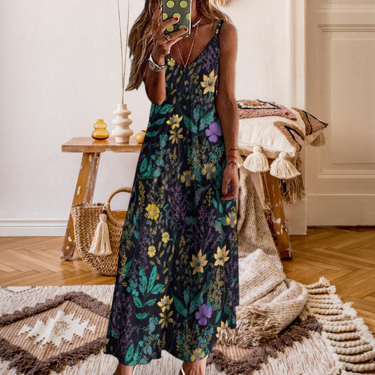 Dark botanical maxi dress, enchanted garden sundress, floral cottagecore long dress, bohemian wildflower outfit, whimsical summer maxi dress