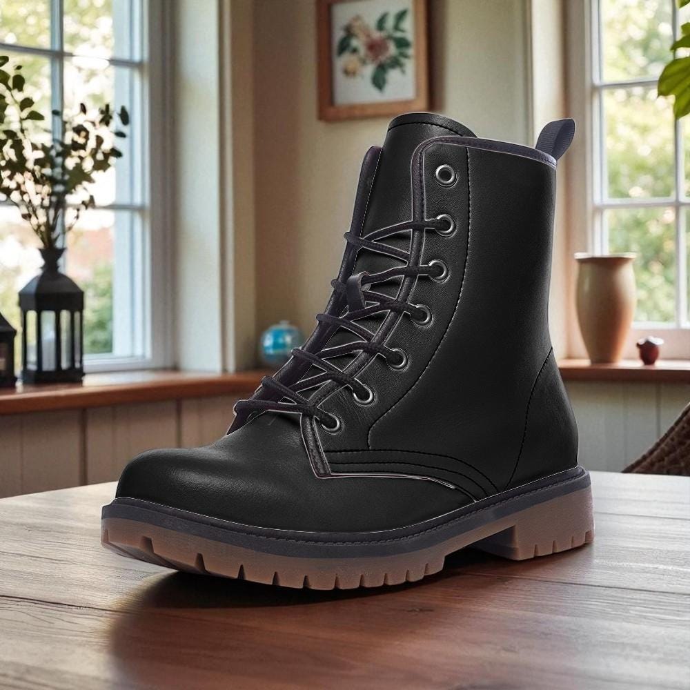 Black Combat Fairycore Boots, Vegan Lace Up Platform Boots for Witches, Gothic Grunge Ankle Booties, Chunky Soft Girl Fall Footwear