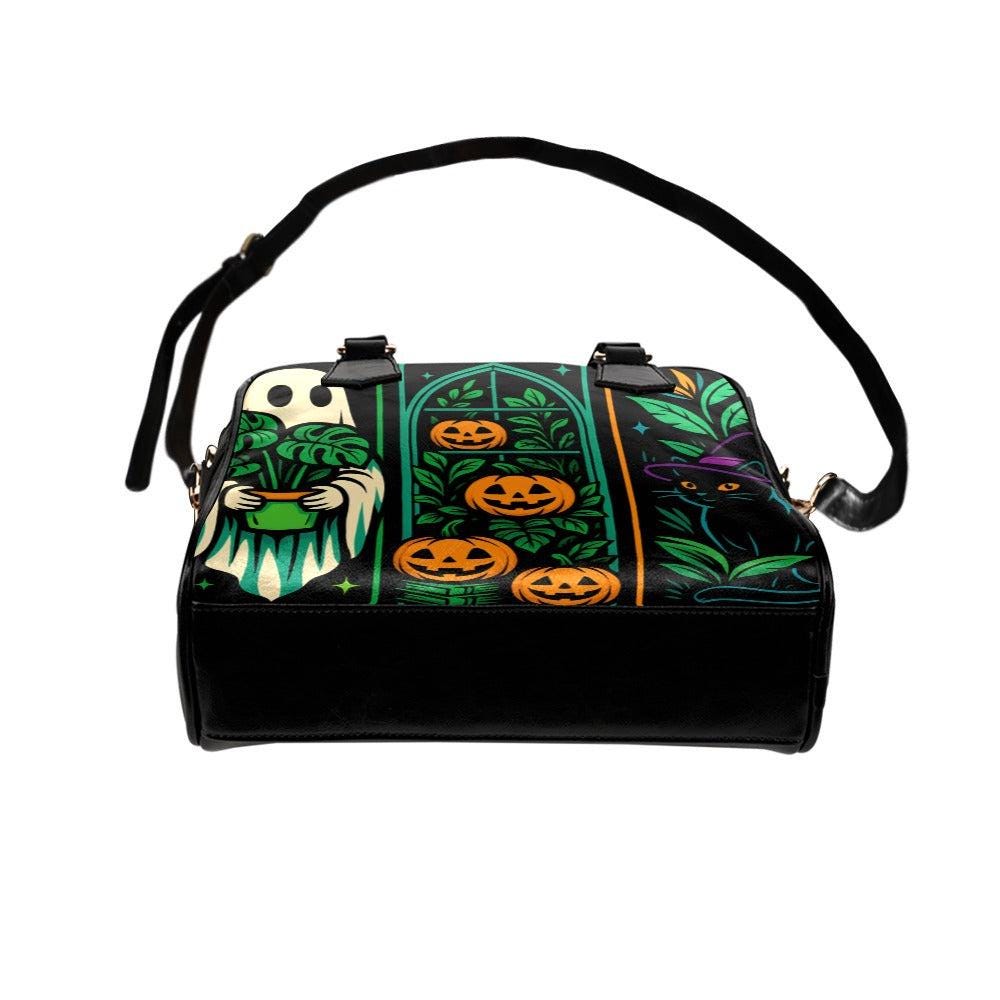 stained glass halloween purse, witchy ghost crossbody bag, retro pumpkin patch satchel, haunted black cat handbag, spooky festival retro bag