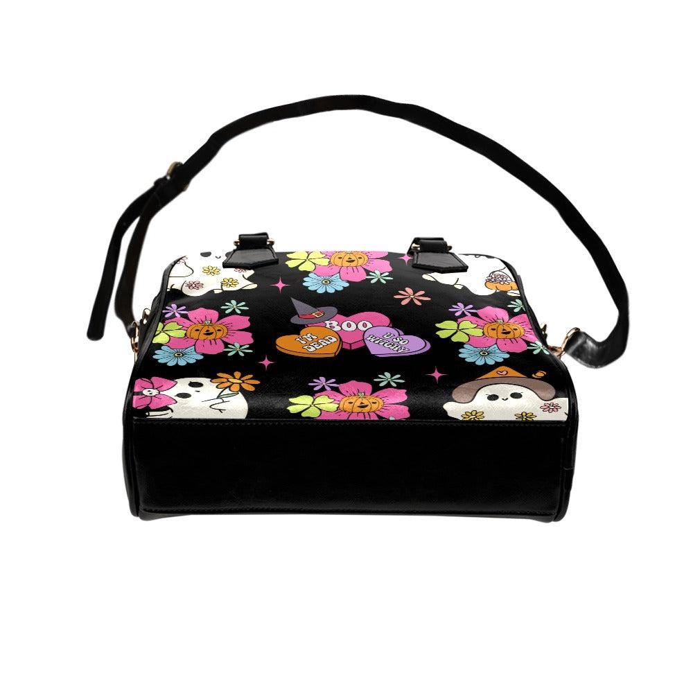 Retro ghost floral handbag, kawaii halloween crossbody, pastel pumpkin purse, witchy spooky satchel, creepy cute handbag, haunted retro bag