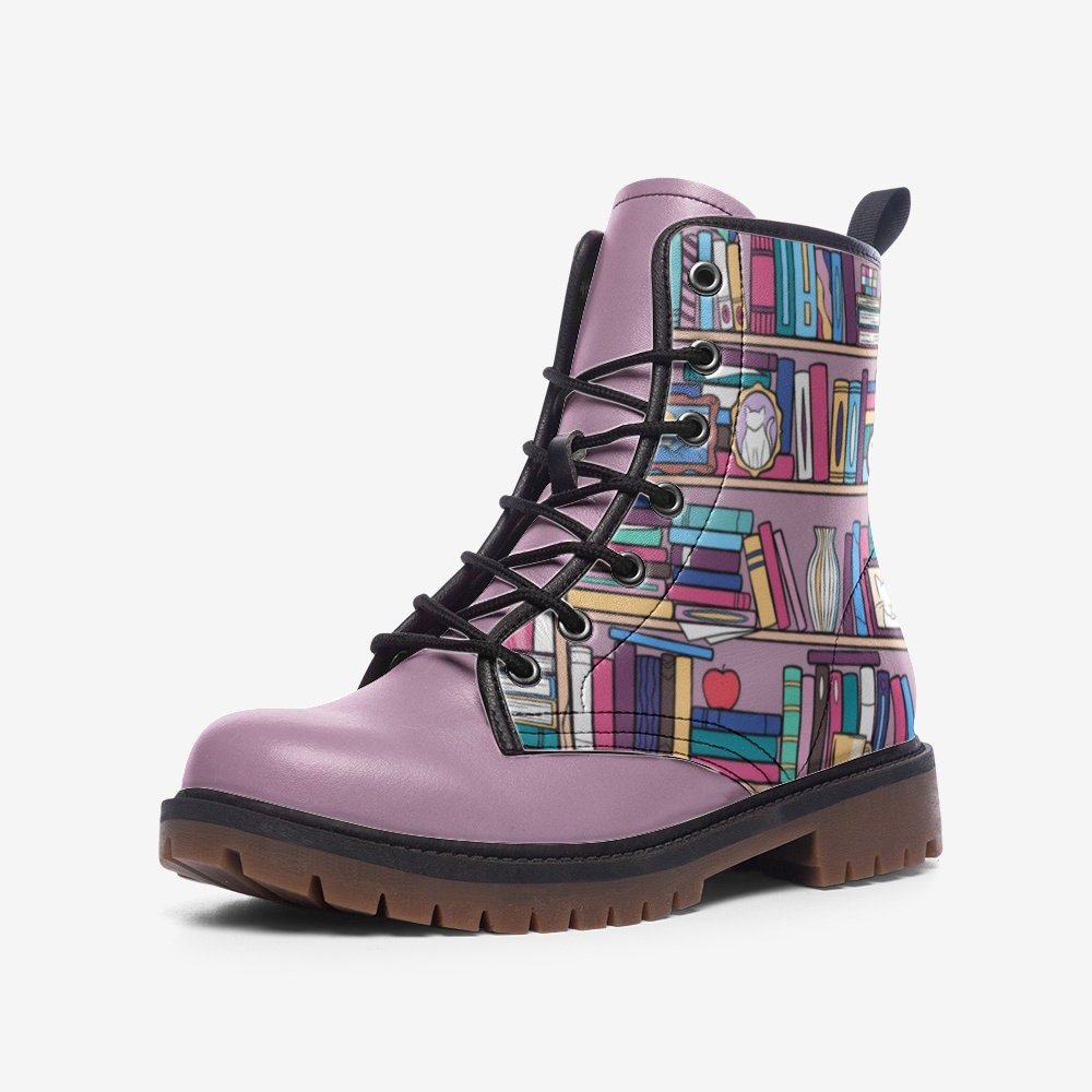 Whimsical Book Lover Boots, Purple Library Combat Shoes, Cute Nerdy Girl Gift,Unique Reading Aesthetic Footwear,Pastel Bookworm Outfit Boots