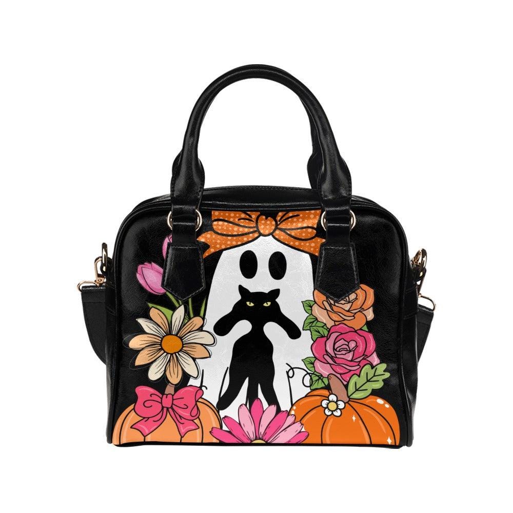 Ghost with black cat bag, pastel Halloween purse, floral spooky satchel, kawaii witchy handbag, pumpkin bow crossbody, cute Halloween purse