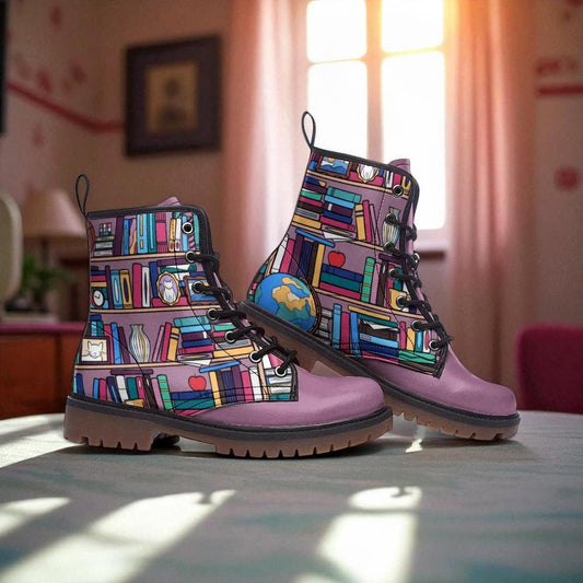 Whimsical Book Lover Boots, Purple Library Combat Shoes, Cute Nerdy Girl Gift,Unique Reading Aesthetic Footwear,Pastel Bookworm Outfit Boots