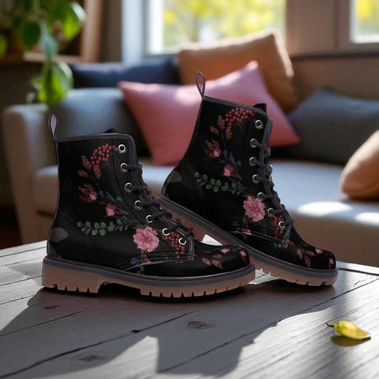 Dark Floral Combat Boots, Gothic Flower Lace Up Boots, Moody Garden Punk Boots for Women,Soft Grunge Witchy Footwear,Floral Print Ankle Boot