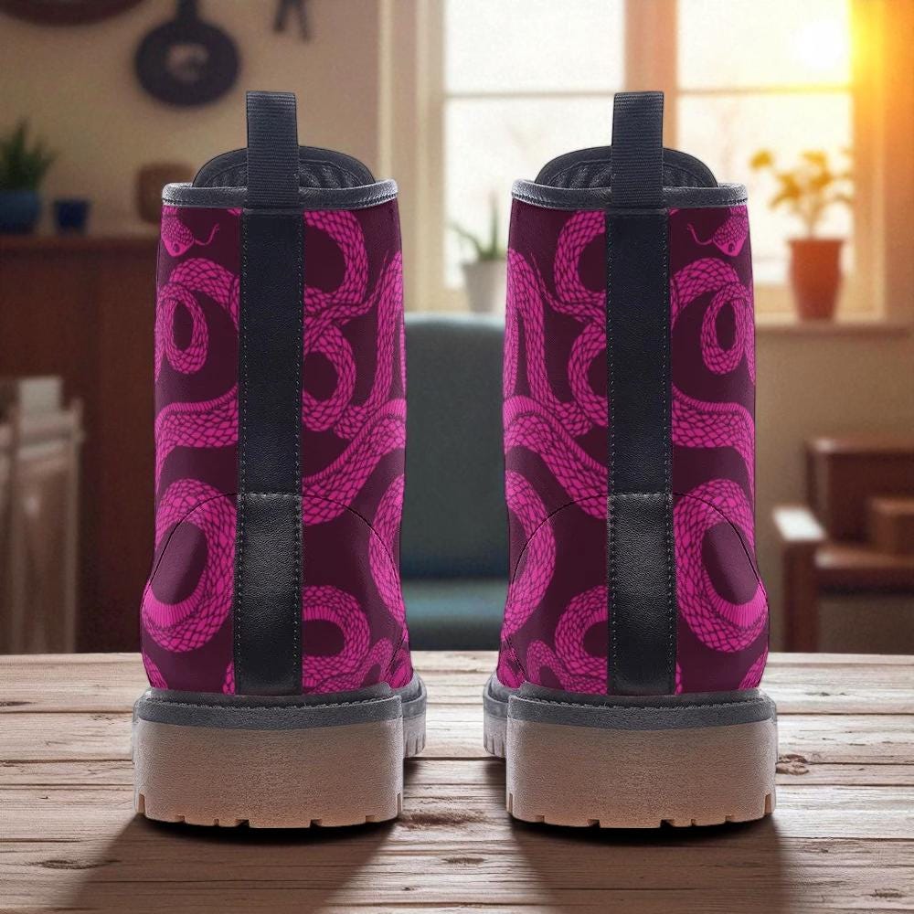 Magenta Snake Combat Boots, Witchy Punk Lace Up Shoes, Alt Girl Festival Footwear, Venom Print Grunge Boots,Gothic Reptile Aesthetic Fashion
