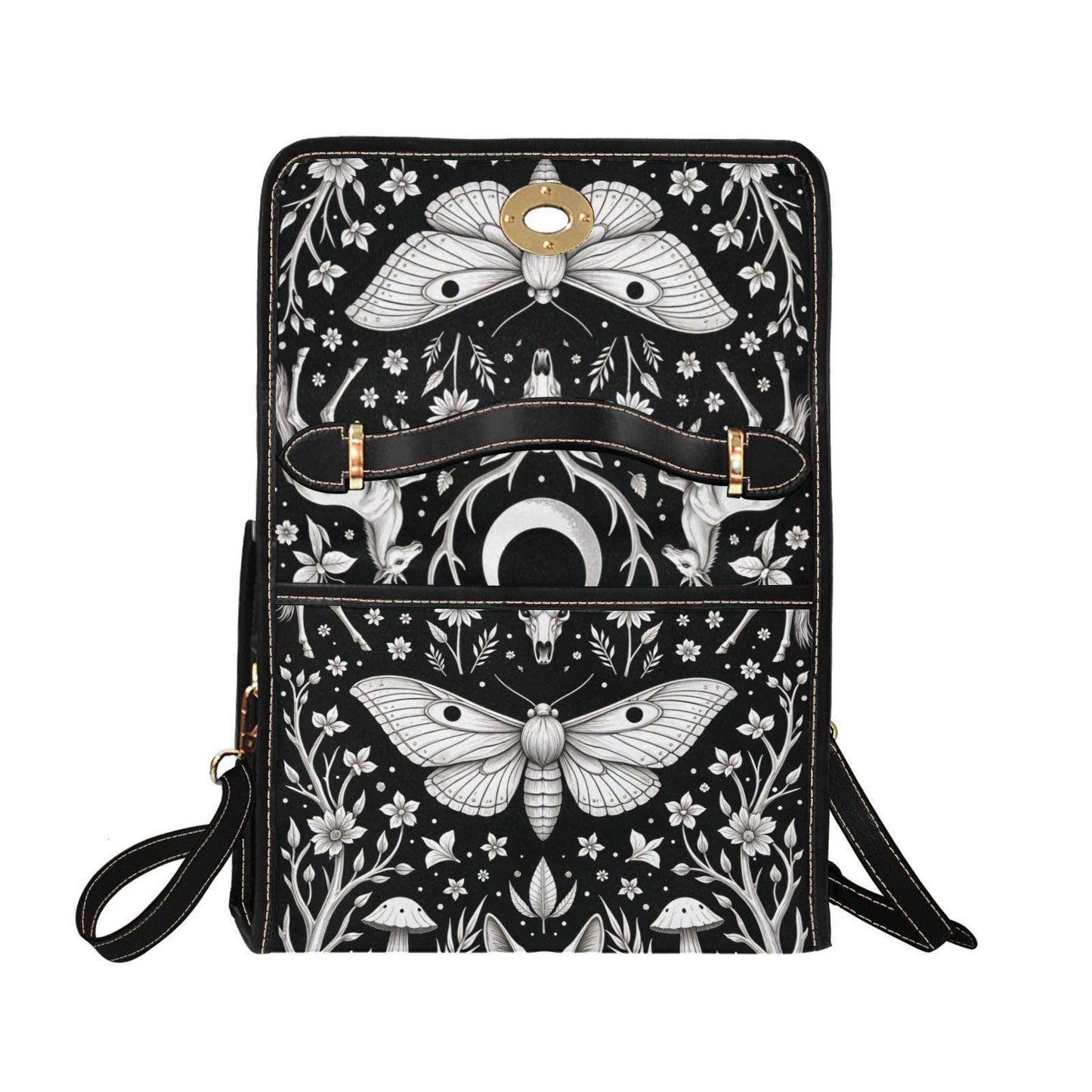 Occult moth satchel purse, witchy cat skull crossbody bag, black floral skull shoulder bag, mystical daily handbag, lunar fashion accessory