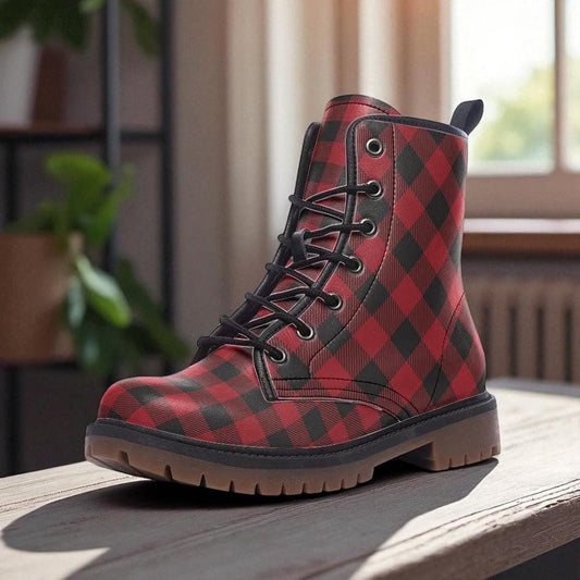 Red Plaid Combat Boots, punk tartan festival shoes, grunge alt girl footwear, dark academia fall boots, cozy cottagecore punk outfit shoes
