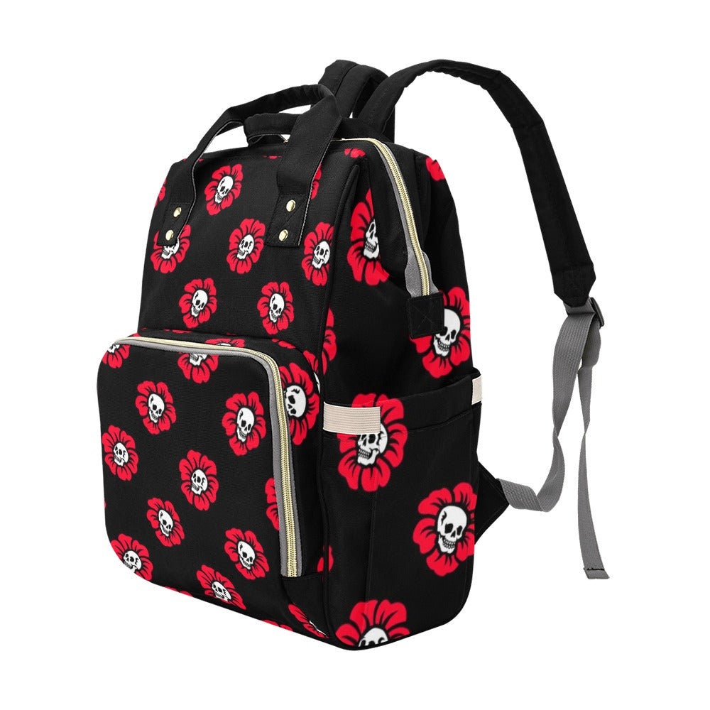Skull Flower Backpack Goth Mom, Floral Skull Diaper Bag, Edgy Parenting Organizer, Alternative Baby Gift Idea,Punk Style Mom Bag,Gothic Baby