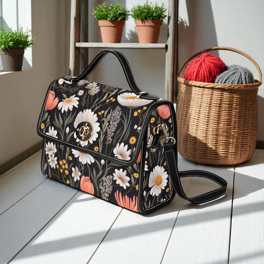 Daisy Garden Bloom Handbag, Cottagecore Floral Diaper Bag, Witchy Mom Gift Satchel, Black Purse With Daisies, Vintage Botanical Tote