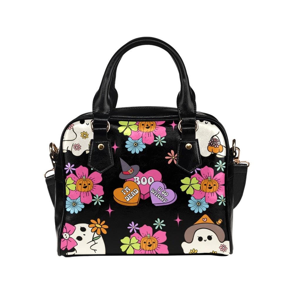 Retro ghost floral handbag, kawaii halloween crossbody, pastel pumpkin purse, witchy spooky satchel, creepy cute handbag, haunted retro bag