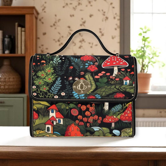 Dark Fairy Forest Mushrooms Cottagecore Canvas Satchel bag, Boho Mushrooms Motif purse, Goblincore Handbag, Witchy Hippie Boho Purse
