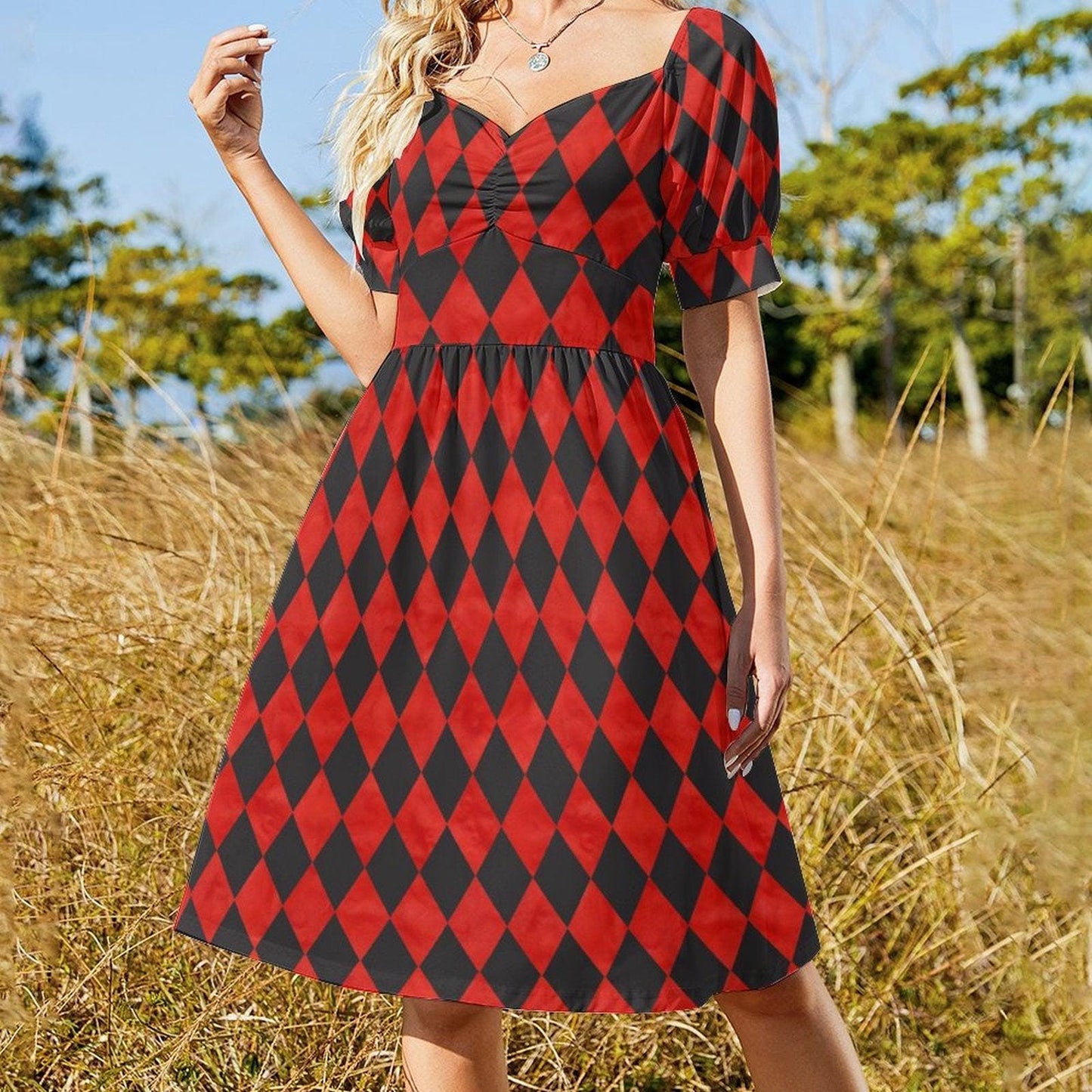 Red harlequin puff sleeve dress, Alice in Wonderland costume, gothic carnival party dress, sweetheart mini fantasy outfit, fairytale style