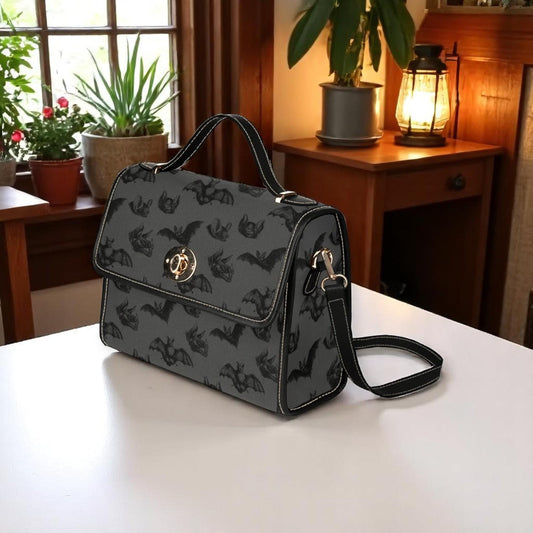 Gothic bat shoulder bag, spooky noir canvas purse, alt vampire aesthetic crossbody satchel, minimalist halloween witchy gift idea