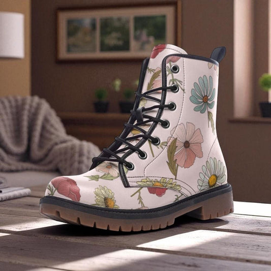 Pastel Floral Combat Boots, Cottagecore Pink Shoes, Fairycore Botanical Boots,Vintage Flower Print,Romantic Festival Boots,Garden Party Gear