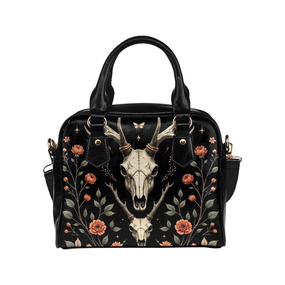 Deer skull floral handbag, witchy occult purse, antler skull satchel, spooky forest crossbody, dark floral handbag, mystical skull purse