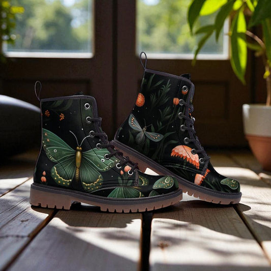 Green moth print boots, enchanted insect lace up shoes, whimsical nature ankle boots, botanical moth footwear, mystical forest combat boots