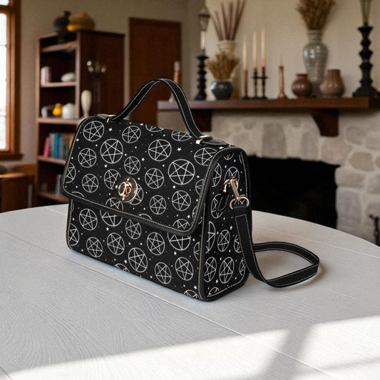 White Pentagram Print, Celestial Symbol Bag, Occult Witch Crossbody, Gothic Spell Bag, Night Star Pattern Purse, Magical Goth Gift Idea