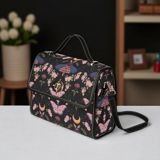 Moth and Floral Witch Bag, Celestial Shoulder Bag with Moon Print, Gothcore Satchel for Alt Girls, Dark Fairy Grunge Purse, Witchy Gift Idea
