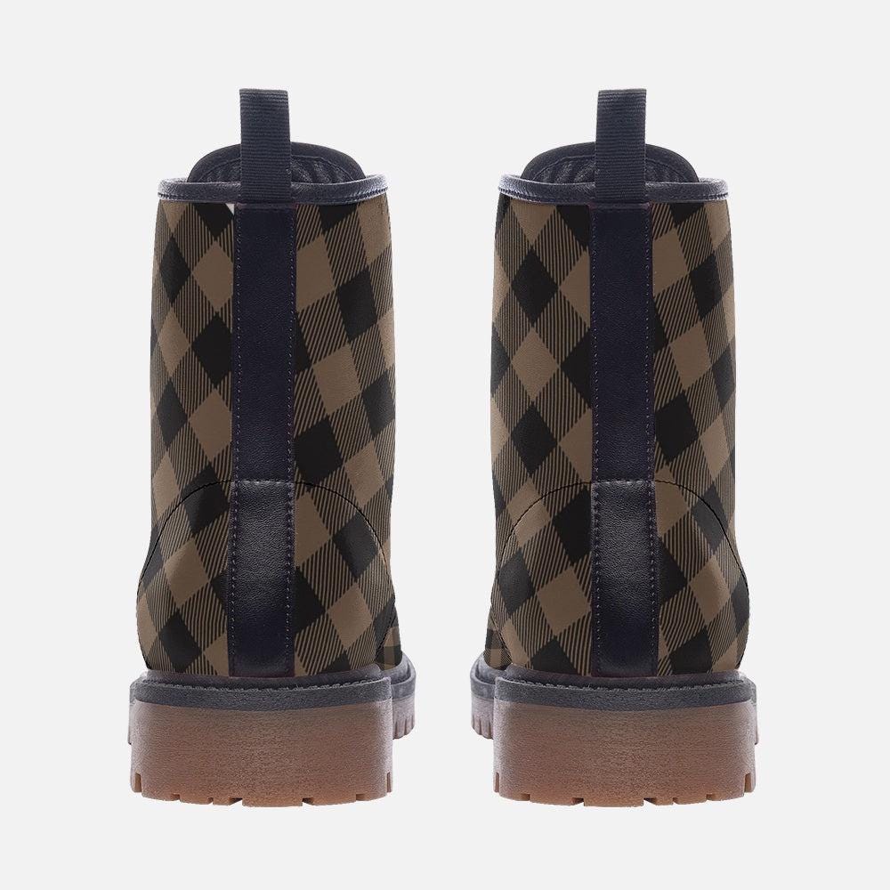 Brown check combat boots, vintage plaid goth boots, dark academia lace up shoes, rustic punk footwear, neutral grunge boots, retro boots