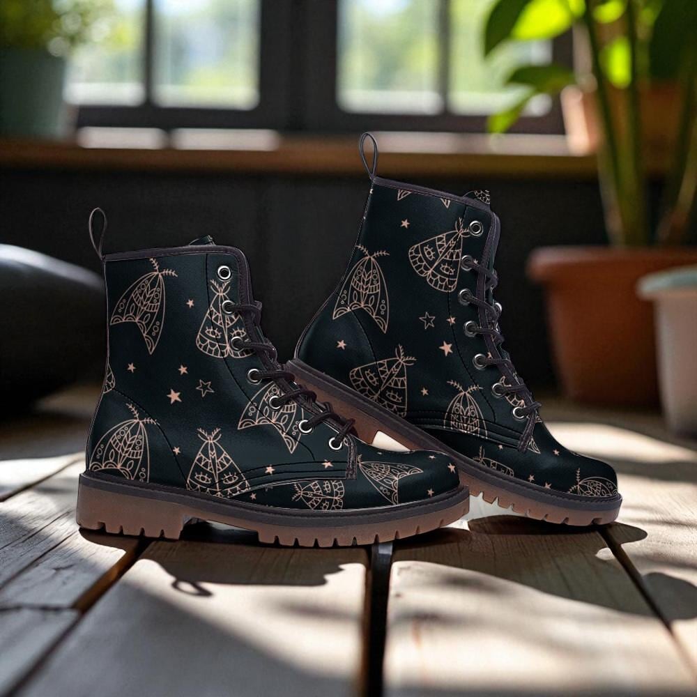 Line art moth boots, celestial insect lace up shoes, mystical night combat boots, starry moth pattern footwear, enchanted moth ankle boots