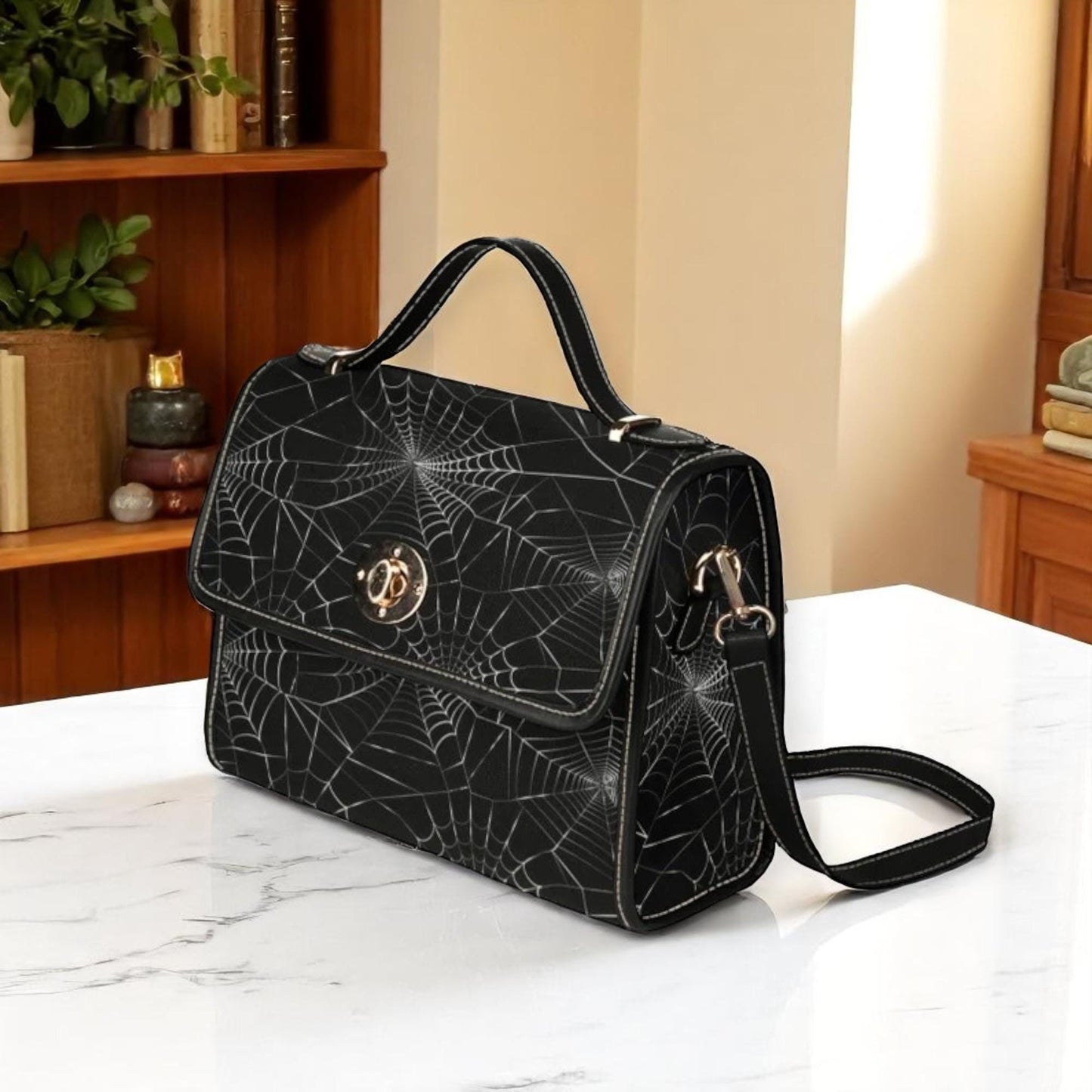 Web print black satchel, spider design crossbody purse, Halloween shoulder handbag, occult inspired everyday bag, dark academia accessory