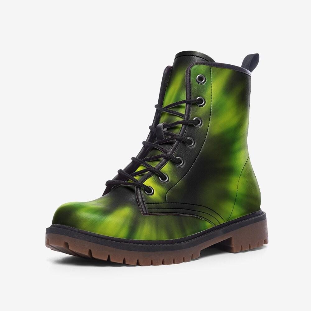 Green Tie-Dye Combat Boots, Grunge Festival Footwear, Alt Streetwear Boots, Indie Aesthetic Shoes,90s Inspired Combat,Psychedelic Green Gear
