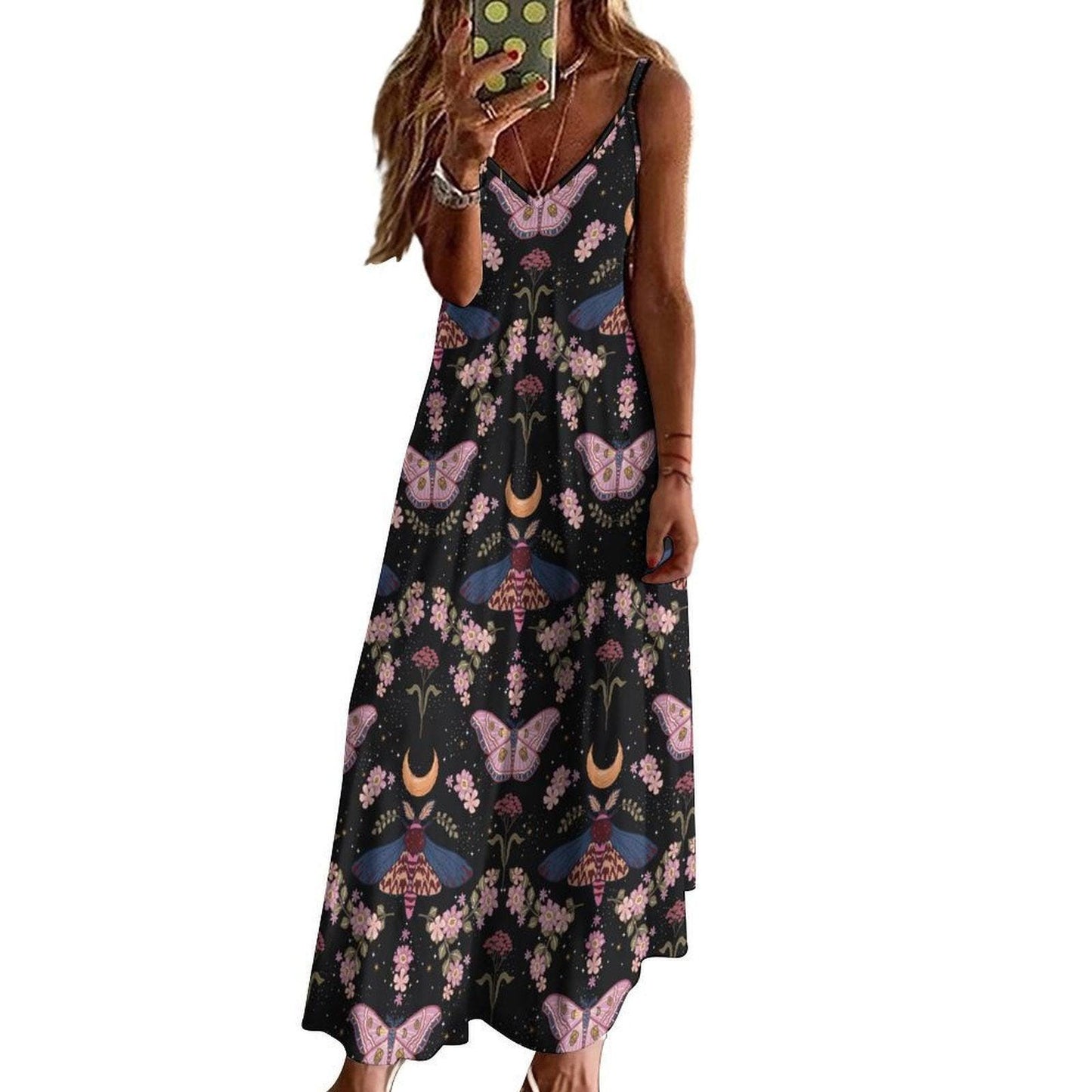 Moon moth floral dress, Witchcore butterfly summer gown, Crescent moon boho sundress, Fairy goth garden outfit, Celestial black maxi look