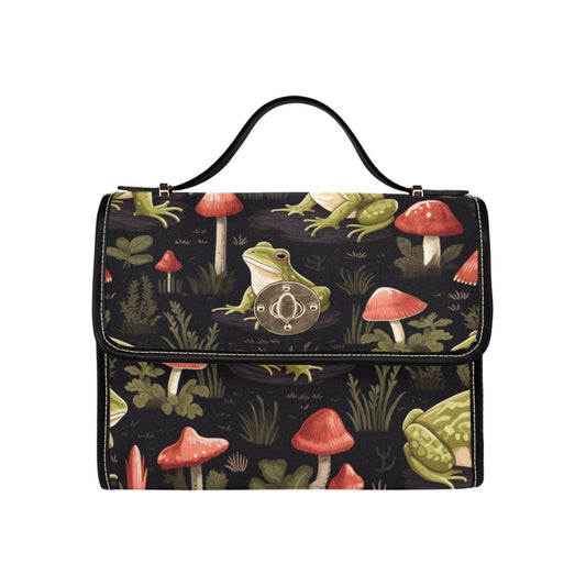 Goblincore frog shoulder bag, forest witch canvas purse, mushroom garden crossbody satchel, alt cryptid aesthetic nature gift idea