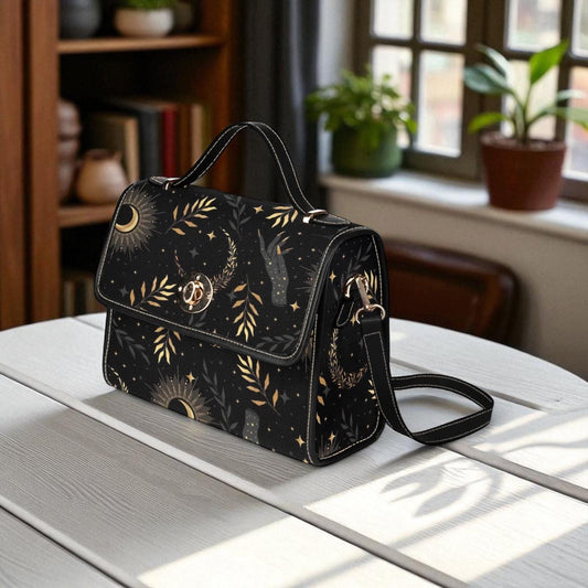 Gold Celestial Print, Witchy Black Purse, Moon Phase Crossbody Bag, Starry Sky Aesthetic, Occult Inspired Style, Dark Cosmic Gift Idea
