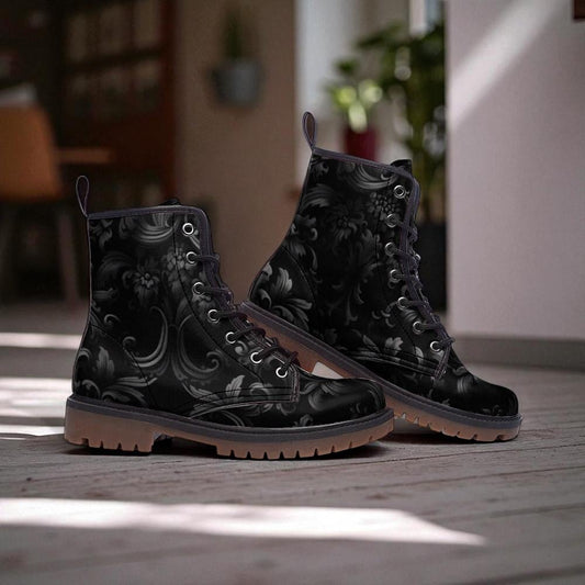 Black baroque floral boots, dark vintage lace up shoes, ornate pattern combat boots, elegant gothic style footwear,baroque print ankle boots