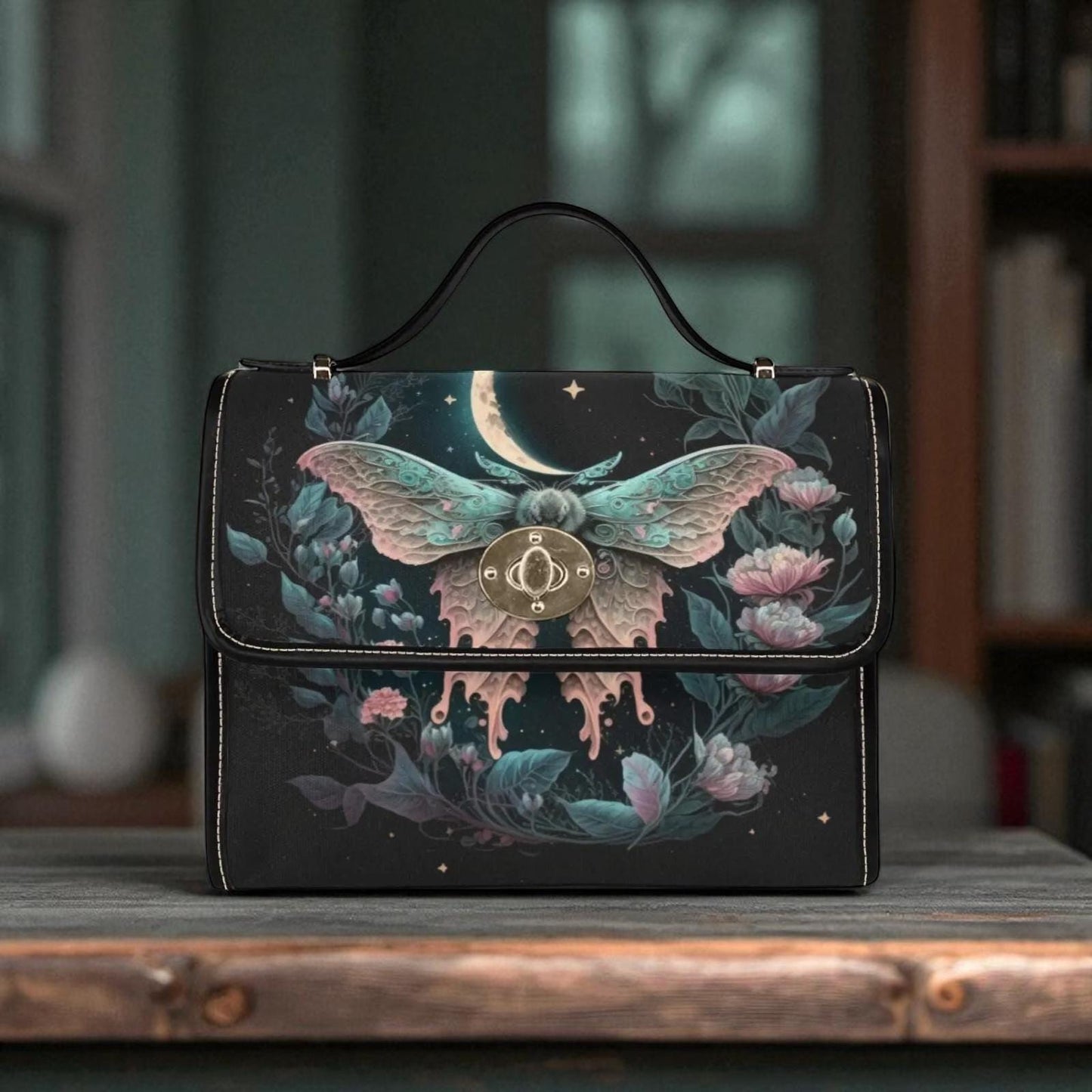 Lunar moth floral satchel, pastel moon top handle bag, dreamy fairycore crossbody, celestial moth print purse, whimsical witchy accessory