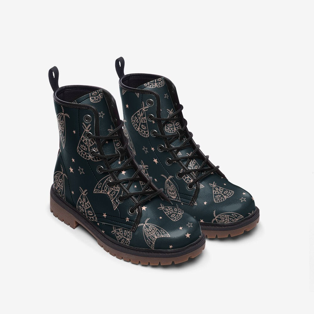 Line art moth boots, celestial insect lace up shoes, mystical night combat boots, starry moth pattern footwear, enchanted moth ankle boots