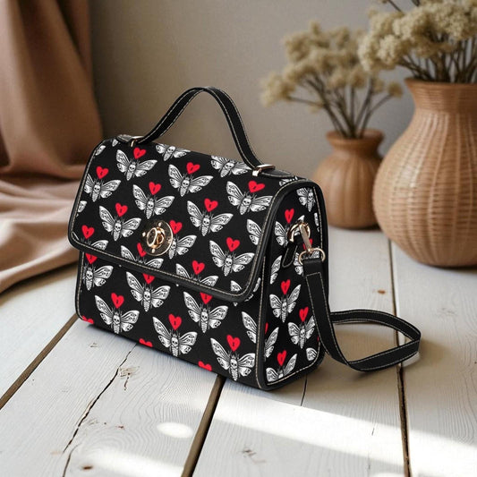 Gothic Moth Pattern, Red Hearts Design, Witchy Shoulder Bag, Dark Romantic Purse, Cottage Goth Accessory, Whimsical Gift Idea, Fantasy bag