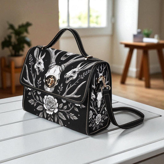 Gothic Deer Skull Floral Bag, Witchcore Forest Antler Purse, Dark Academia Bone Art Satchel, Spooky Floral Handbag, Cottagecore Goth Gift