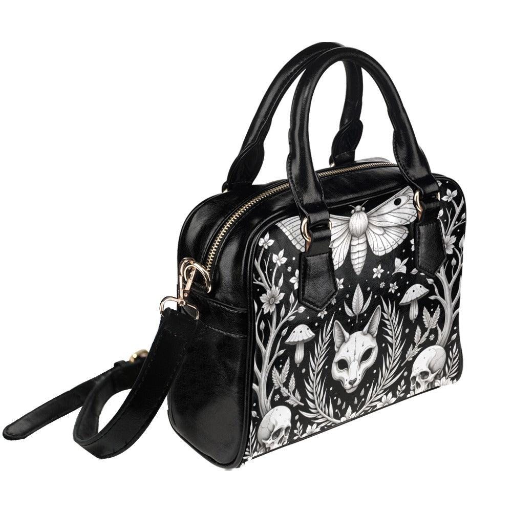 Mystical Fox Skull Handbag, Witchy Moth Purse with Dark Forest Design, Occult Crossbody Bag with Gothic Floral Pattern, Halloween Aesthetic