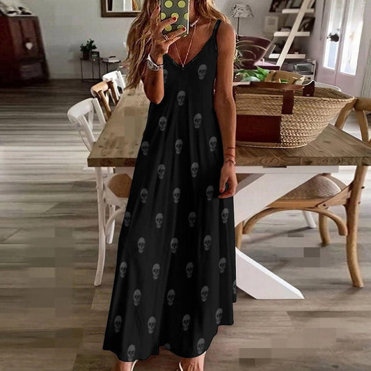 Black Skull Maxi Dress, Spooky Summer Slip Dress, Soft Grunge Aesthetic Outfit, Dark Goth Dress with Skulls, Halloween Vibes Casual Clothing