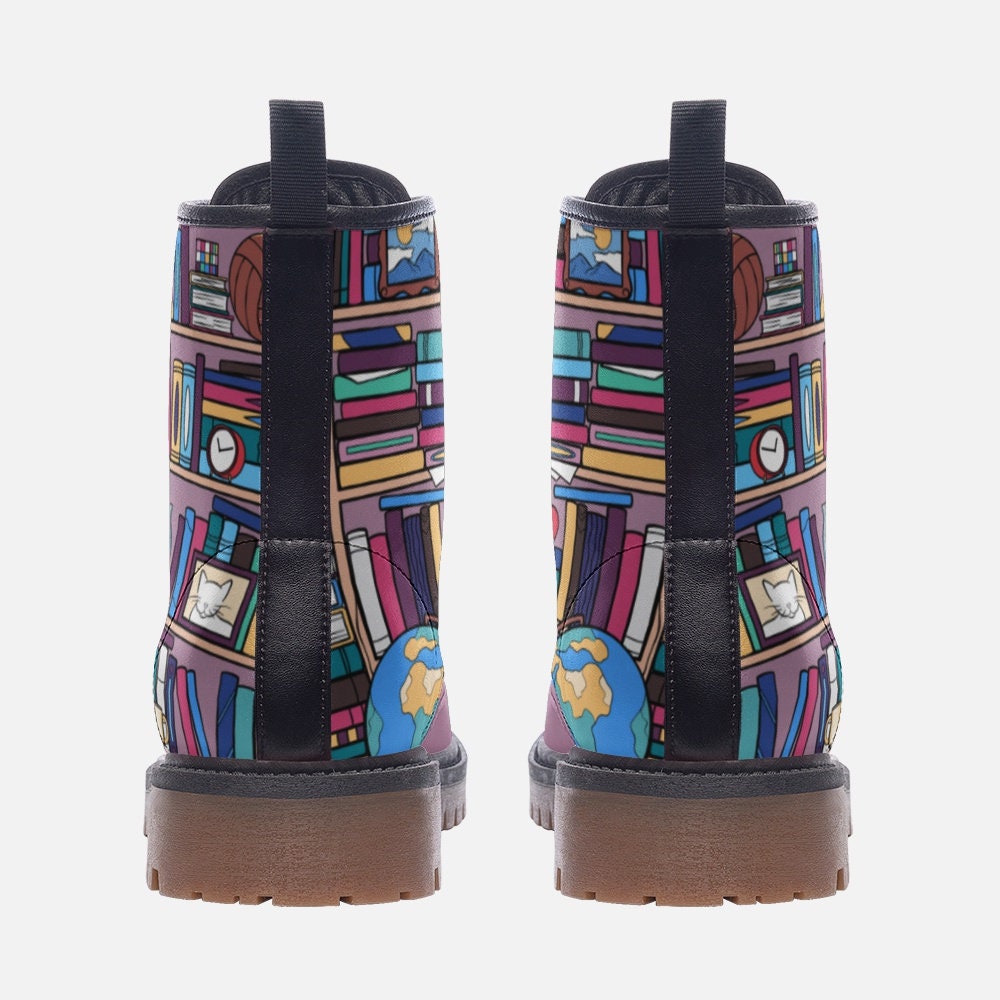Whimsical Book Lover Boots, Purple Library Combat Shoes, Cute Nerdy Girl Gift,Unique Reading Aesthetic Footwear,Pastel Bookworm Outfit Boots