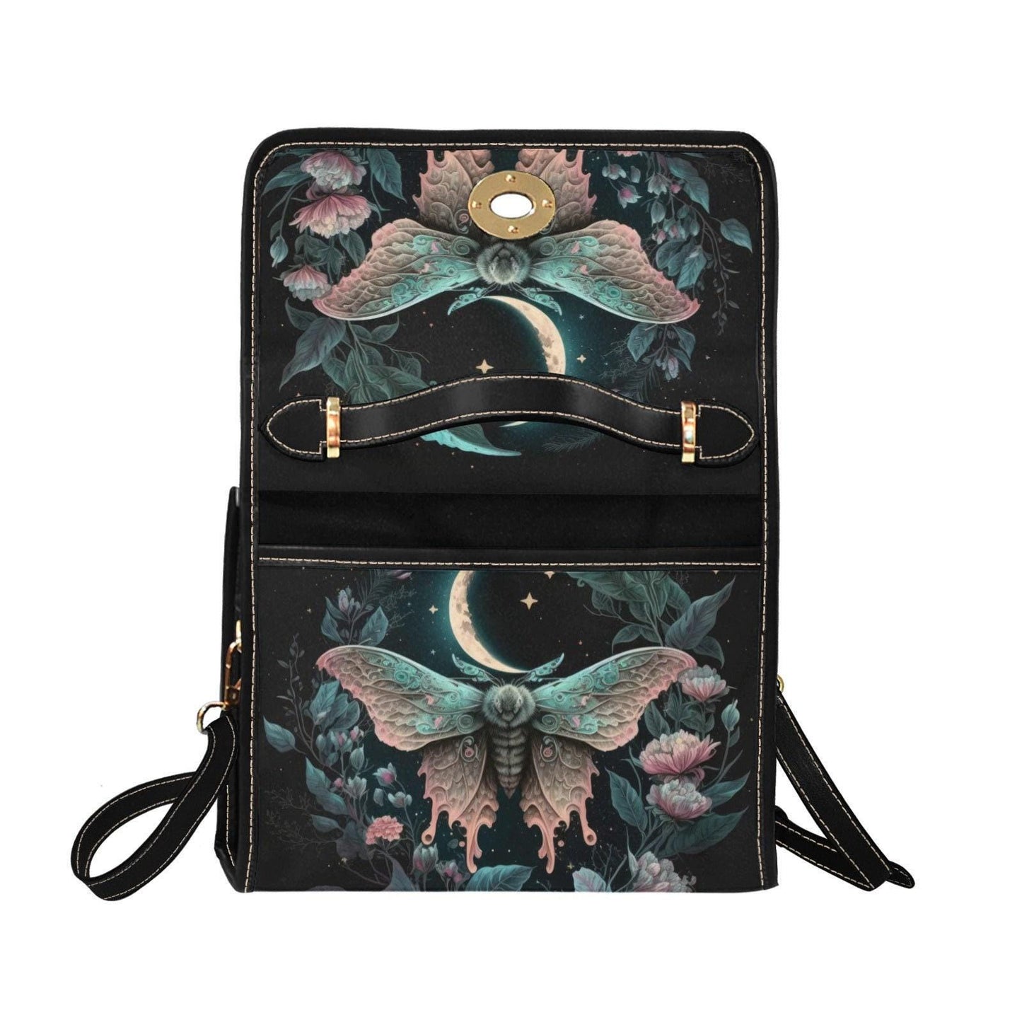 Lunar moth floral satchel, pastel moon top handle bag, dreamy fairycore crossbody, celestial moth print purse, whimsical witchy accessory