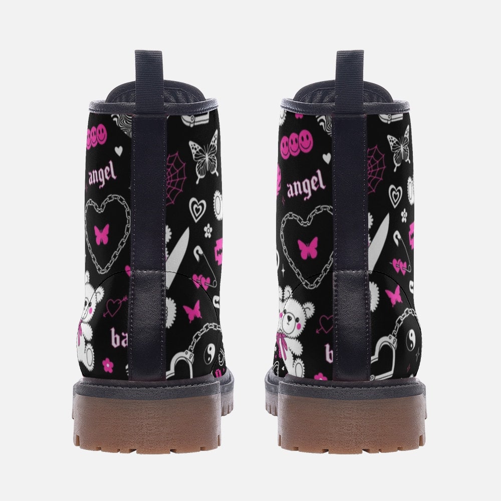 Kawaii bear shoes, pastel heart boots, dreamy pink footwear, retro y2k lace ups, sweet grunge ankle boots, playful emo shoes, toy footwear