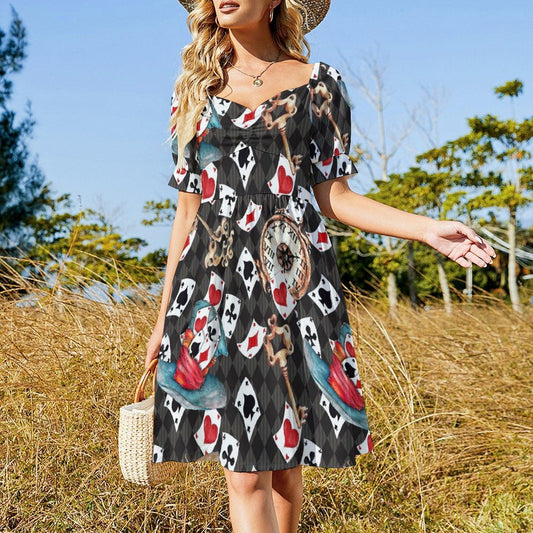 Playing card print dress, red sweetheart puff sleeve, Alice in Wonderland mini dress, fairytale fantasy outfit, whimsical themed party dress