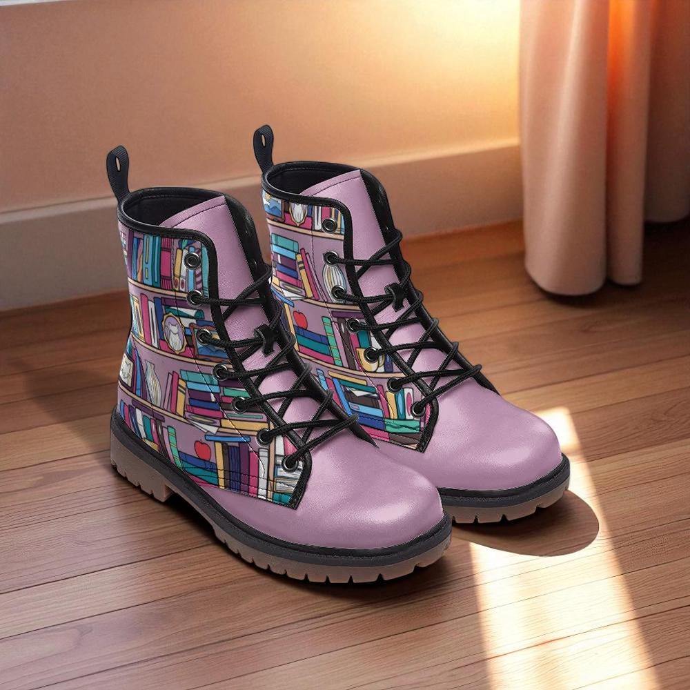 Whimsical Book Lover Boots, Purple Library Combat Shoes, Cute Nerdy Girl Gift,Unique Reading Aesthetic Footwear,Pastel Bookworm Outfit Boots