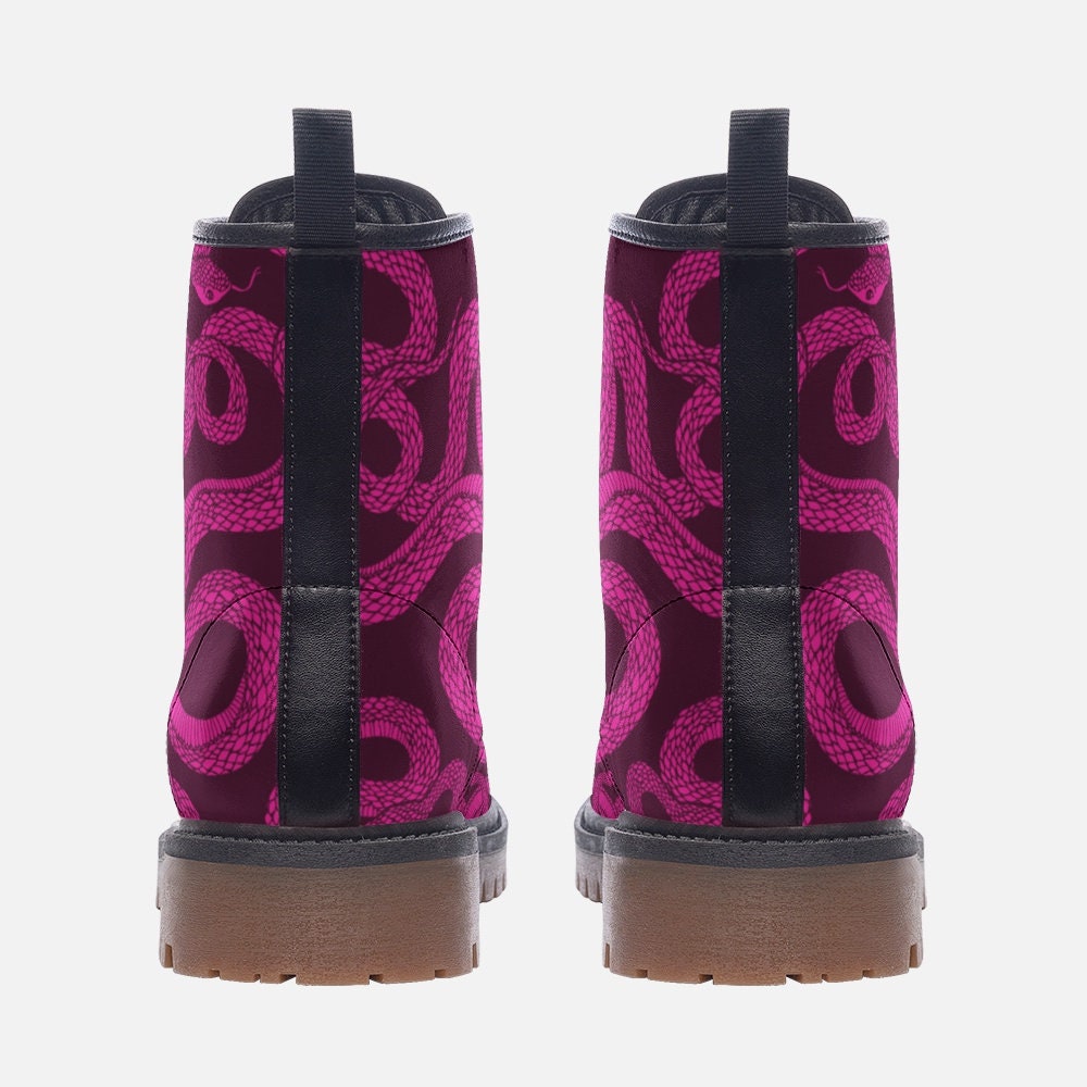 Magenta Snake Combat Boots, Witchy Punk Lace Up Shoes, Alt Girl Festival Footwear, Venom Print Grunge Boots,Gothic Reptile Aesthetic Fashion