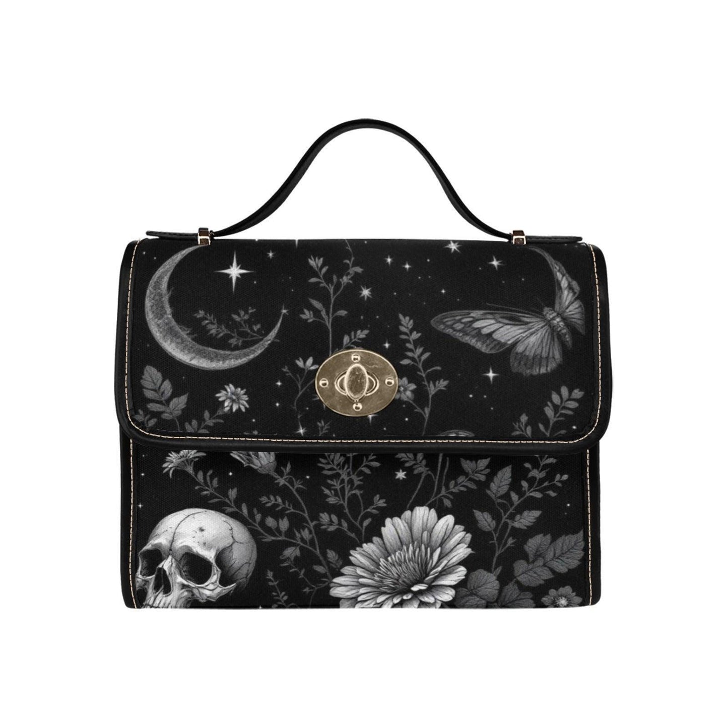 Mystical Moon Skull Bag, Dark Floral Gothic Purse, Celestial Butterfly Handbag, Witchy Shoulder Tote, Elegant Goth Accessories, Occult Gift