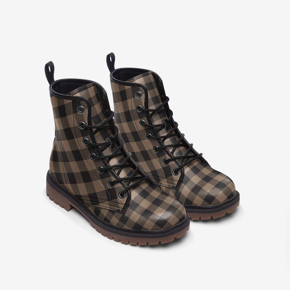 Brown check combat boots, vintage plaid goth boots, dark academia lace up shoes, rustic punk footwear, neutral grunge boots, retro boots