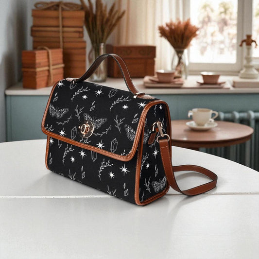 Crystal Moth Print, Witchcore Starry Pattern Purse, Black Goth Crossbody Bag, Celestial Forest Style, Mystical Gift Idea, Occult Aesthetic