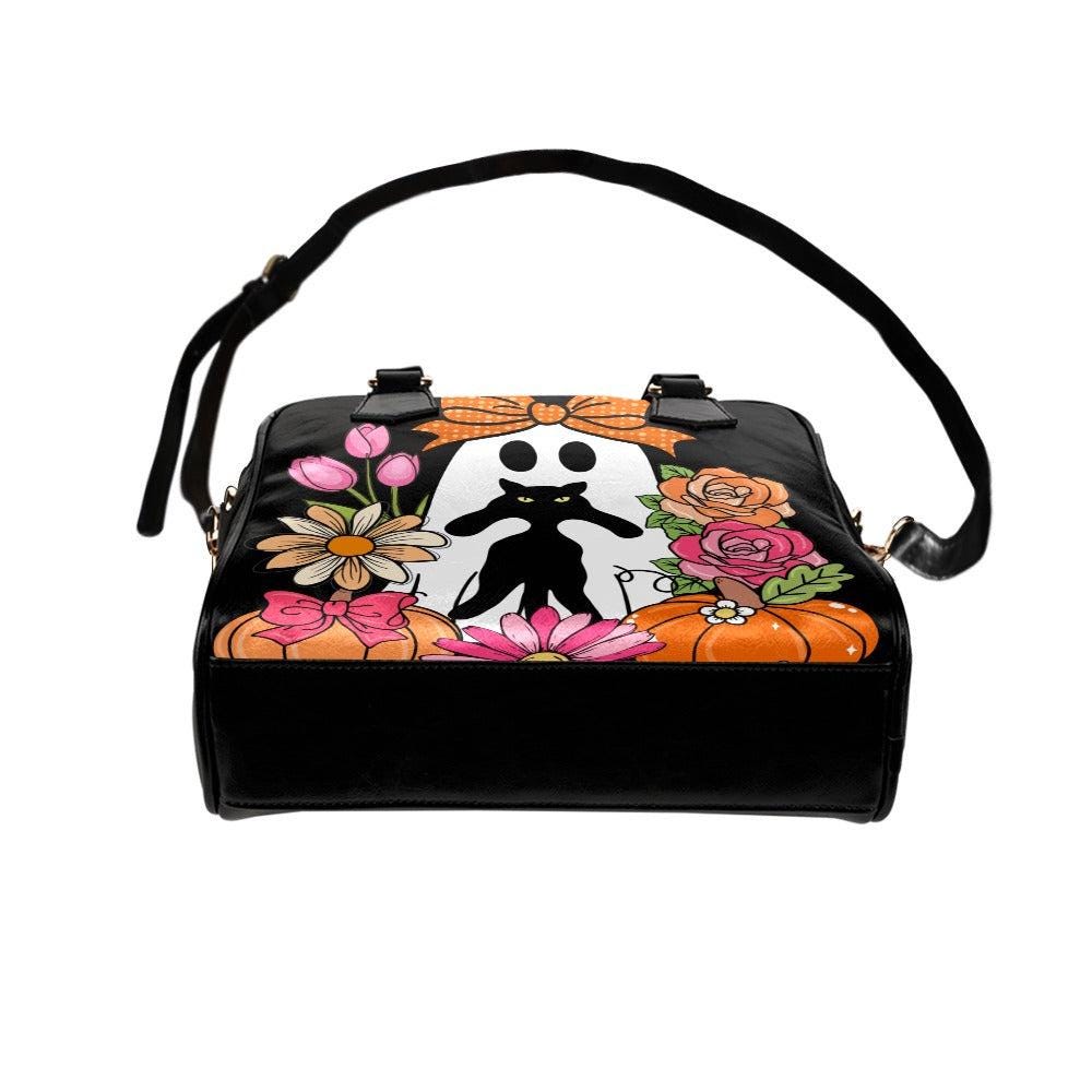 Ghost with black cat bag, pastel Halloween purse, floral spooky satchel, kawaii witchy handbag, pumpkin bow crossbody, cute Halloween purse