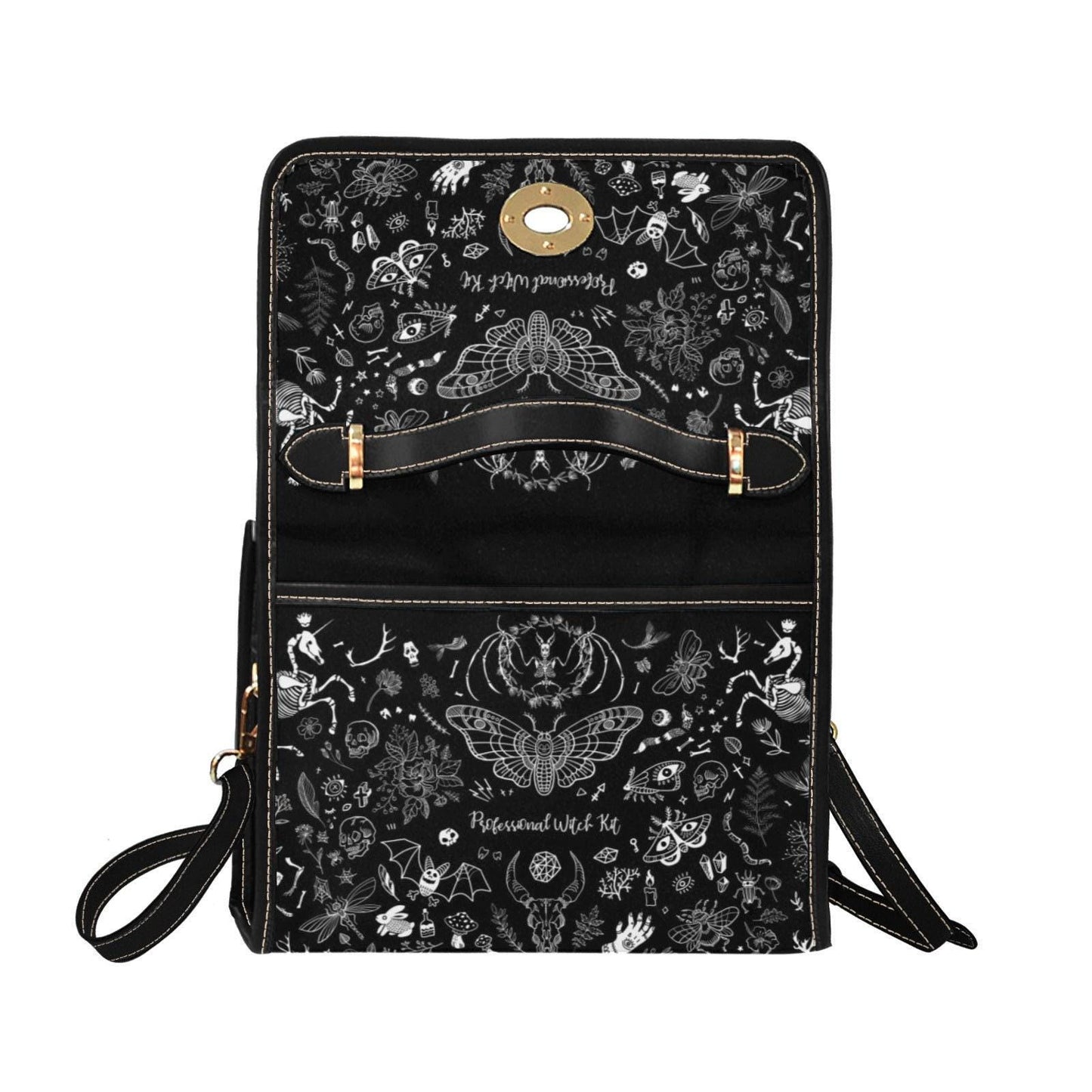 Witch symbols crossbody bag, spooky goth shoulder purse, mystical sketch witchy handbag, celestial dark aesthetic satchel, occult indie bag