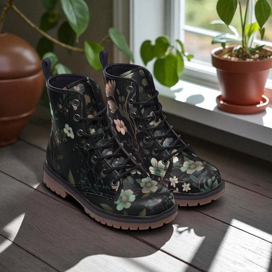 Dark floral combat boots, moody flower lace up shoes, vintage garden ankle boots, botanical print walking boots, Floral style footwear