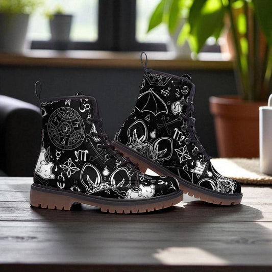 Zodiac circle combat boots, astrology occult lace up shoes, celestial witchy festival footwear, horoscope inspired alternative fashion boots